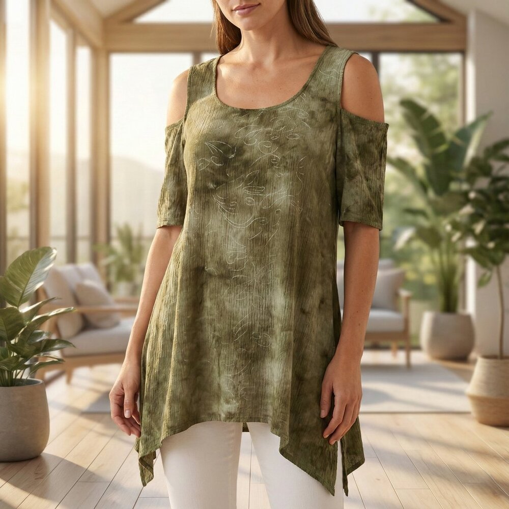 *ALYX Olive Green Cold Shoulder Tunic Top‎ Style 0440A0A Medium